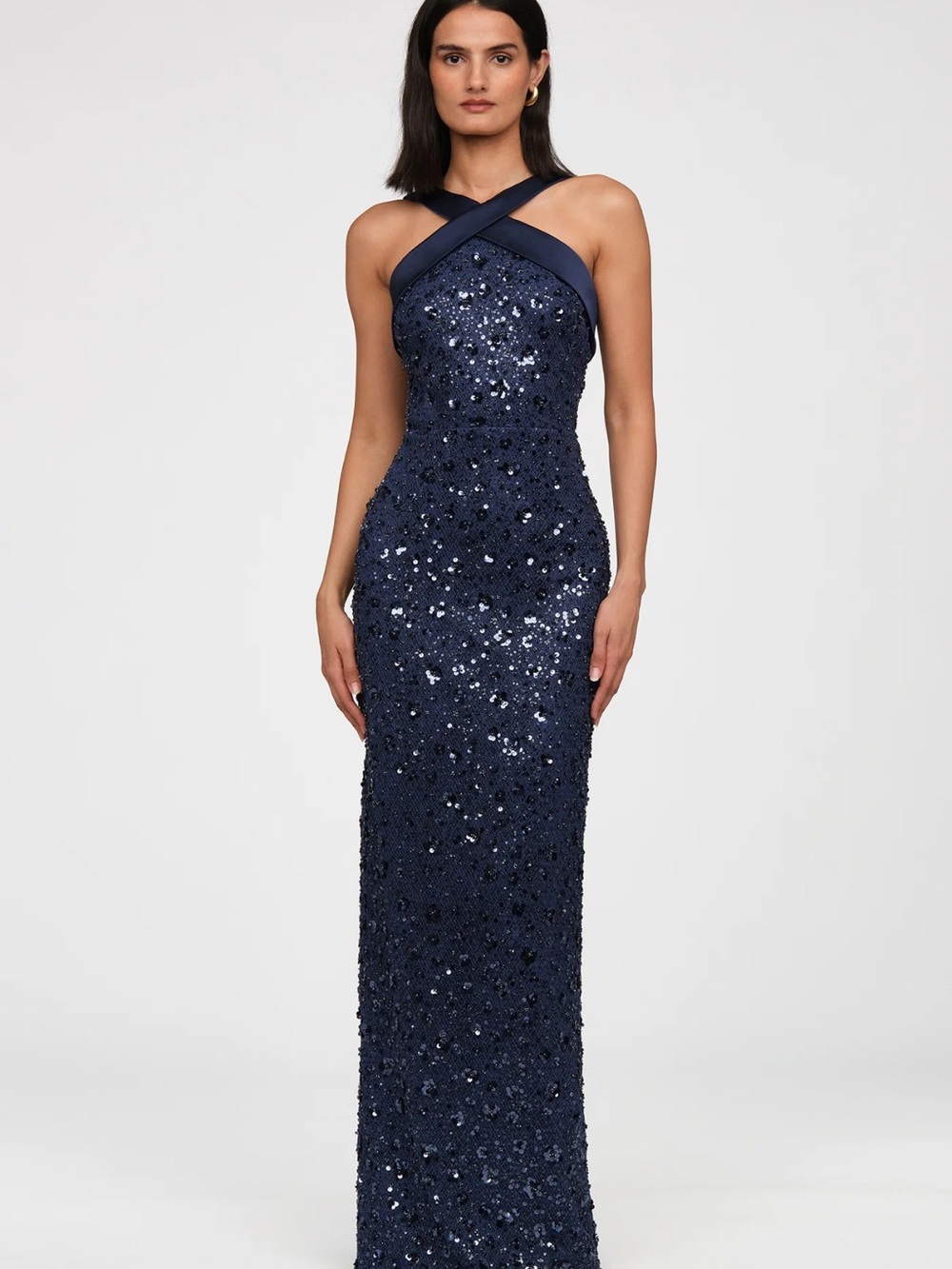 Theia Navy Sequin Column Gown